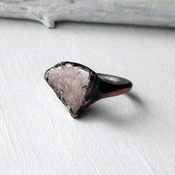 Ring Druzy Copper Geode Agate Gem Stone Frost Sugared Pink Grey Crystal Ice Patina Artisan