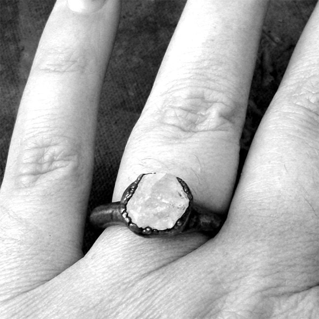 Copper Ring Herkimer Diamond Raw Quartz Crystal Ice Natural Gem Stone Patina Artisan