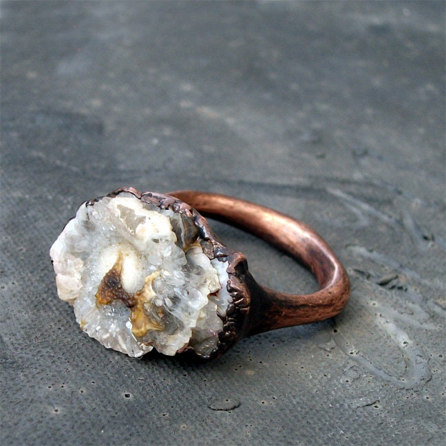 Chalcedony Copper Ring Gem Stone Chalcedony Patina Druzy Dusty Grey Gray Artisan Crystal