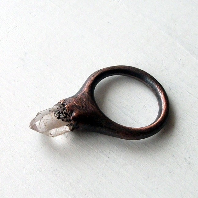 Copper Ring Phantom Quartz Raw Quartz Crystal Ice Natural Gem Stone Patina Artisan