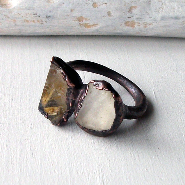Copper Ring Rutile Quartz Topaz Crystal Gold Black Cream Gem Stone Natural Raw Patina Artisan