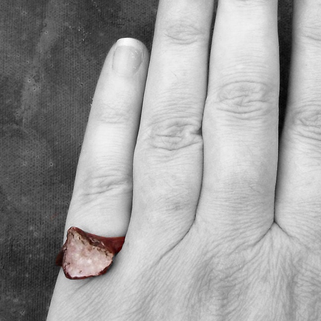 Ring Druzy Copper Geode Agate Gem Stone Frost Sugared Pink Grey Crystal Ice Patina Artisan