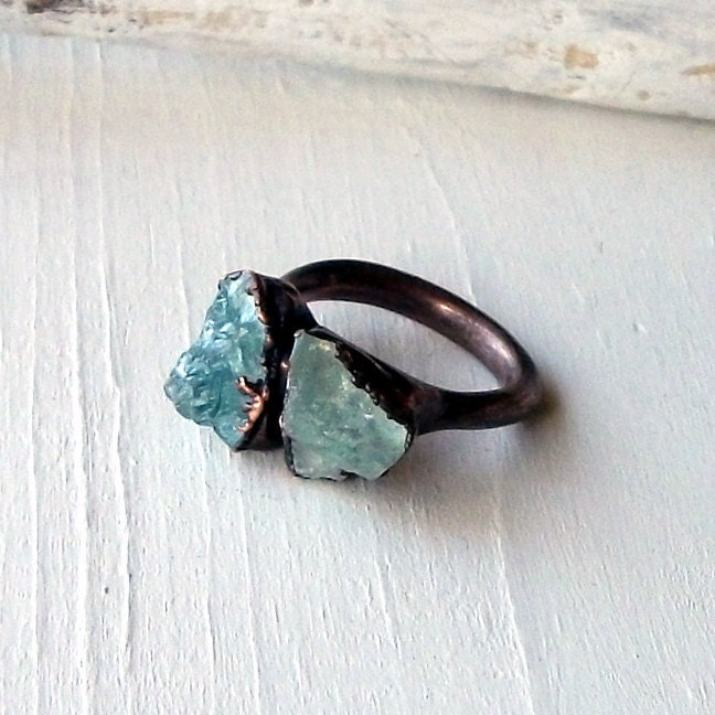 Copper Aquamarine Ring March Birthstone Crystal Frost Icy Sky Blue Artisan Handmade