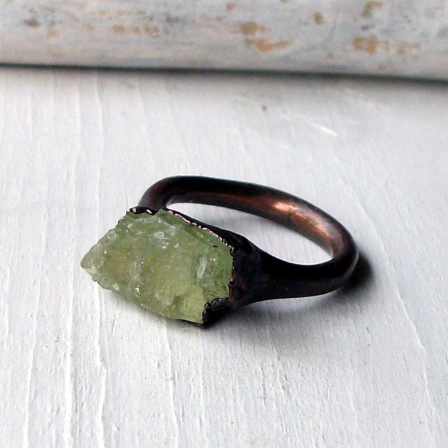 Copper Ring Beryl Spring Green Apple Gem Stone Crystal Artisan Handmade