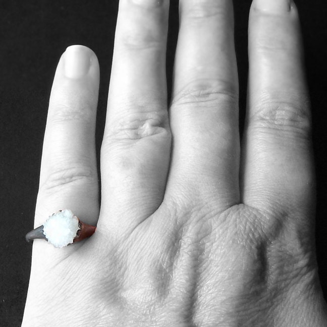 Ring Druzy Copper Geode Pearl Gem Stone Frost Sugared White Crystal Handmade Raw Artisan