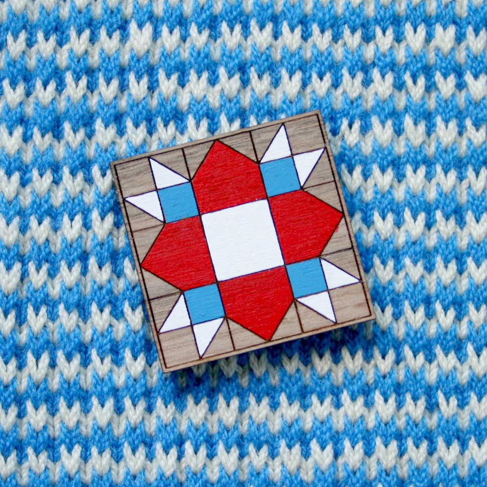 Quilt Brooch in Red, Blue, White