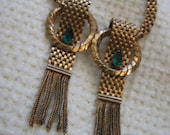 Vintage 1950's,  Flat Woven Chain Necklace.  Gold with Emerald Green Rhinestones.  Hollywood Glamour.