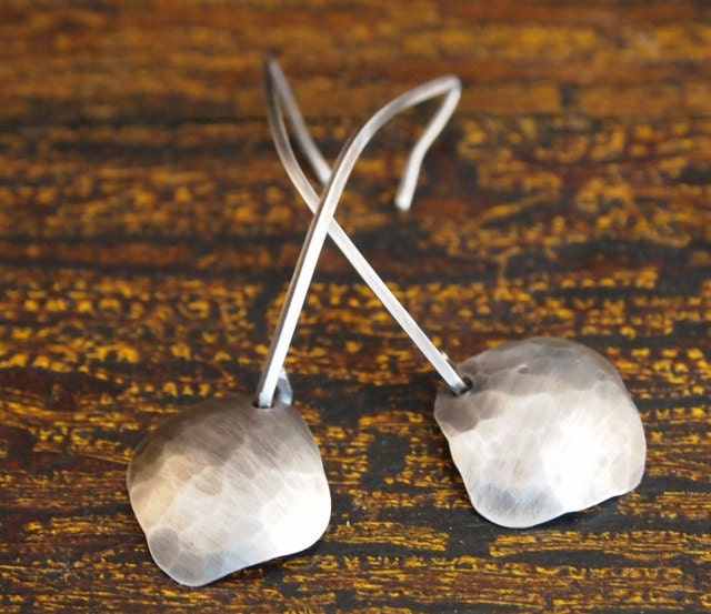 Hammered Sterling Silver Earrings, Sterling Silver Dangle Earrings with Hammered Square Charms