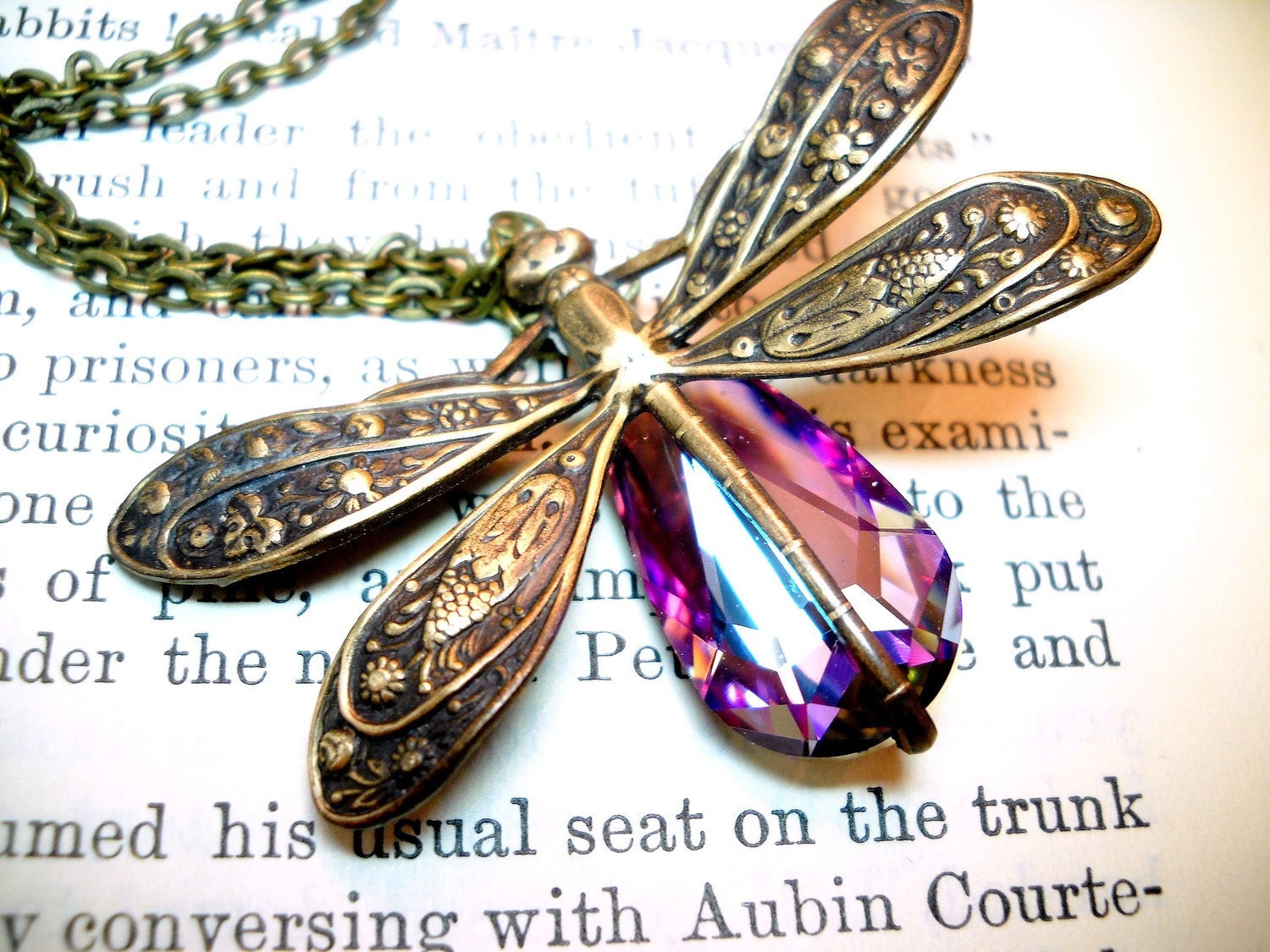Dragonfly Necklace - Swarovski Rainbow Crystal Antique Brass Necklace Amethyst Birthstone