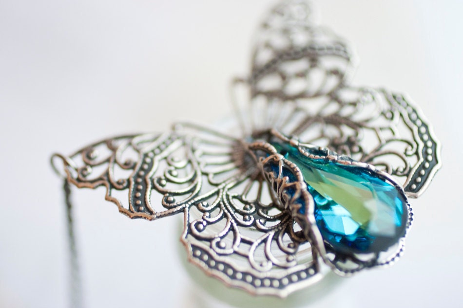 Butterfly Necklace Victorian Filigree - Swarovski Crystal Vintage Estate Rhinestone Filigree Style