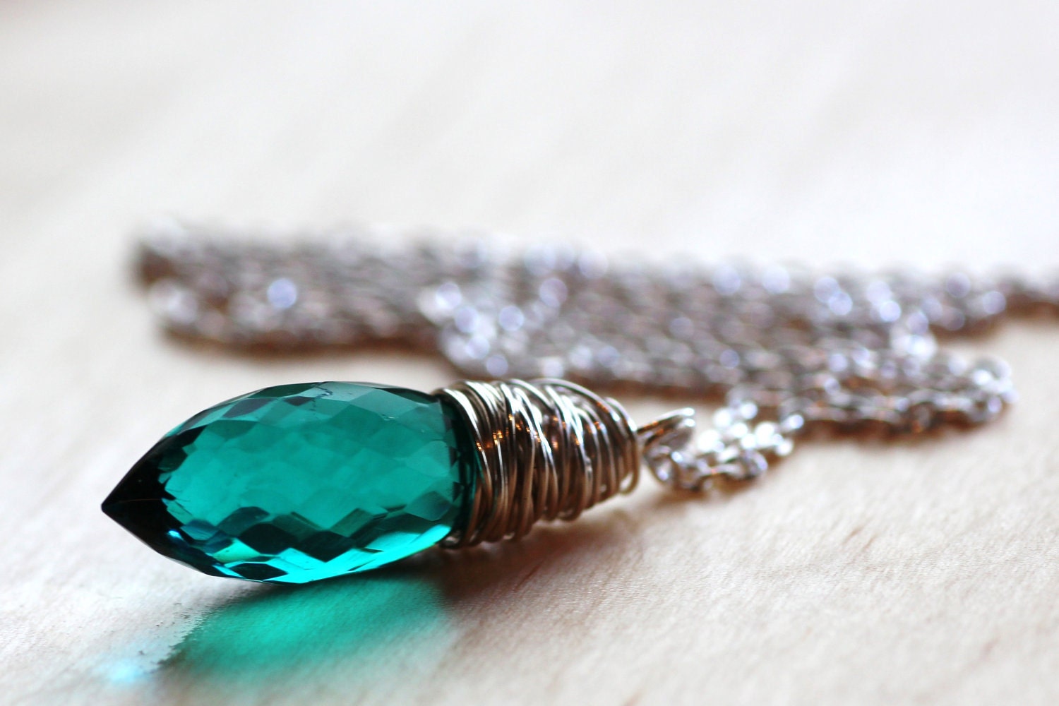 Teal Quartz Crystal Necklace Rare Chandelier Briolette Cut Wire Wrapped Pendant Gemstone in Sterling Silver