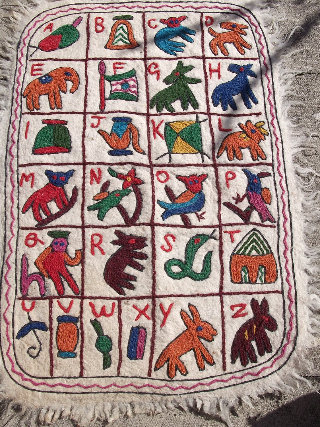 Cute Alphabet Rug. Small Wool Kashmiri Hand Embroidered Namda Kilim/Rug/Mat.