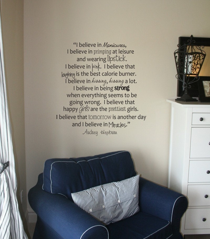 AUDREY HEPBURN Quote - Vinyl Wall Decal Art - Manicures, Believe, Lipstick, Laughing, Kissing, Miracles