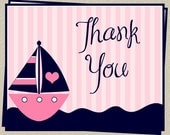 Nautical Thank You Cards in Pink, Anchors Away, Set of 10 cards with envelopes, Free Shipping
