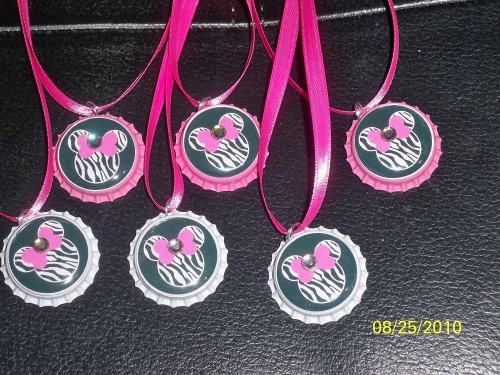 6 Minnie MouseZebra Ht Pink Bow Bottlecap Party Favors Ht pink Black White Colors