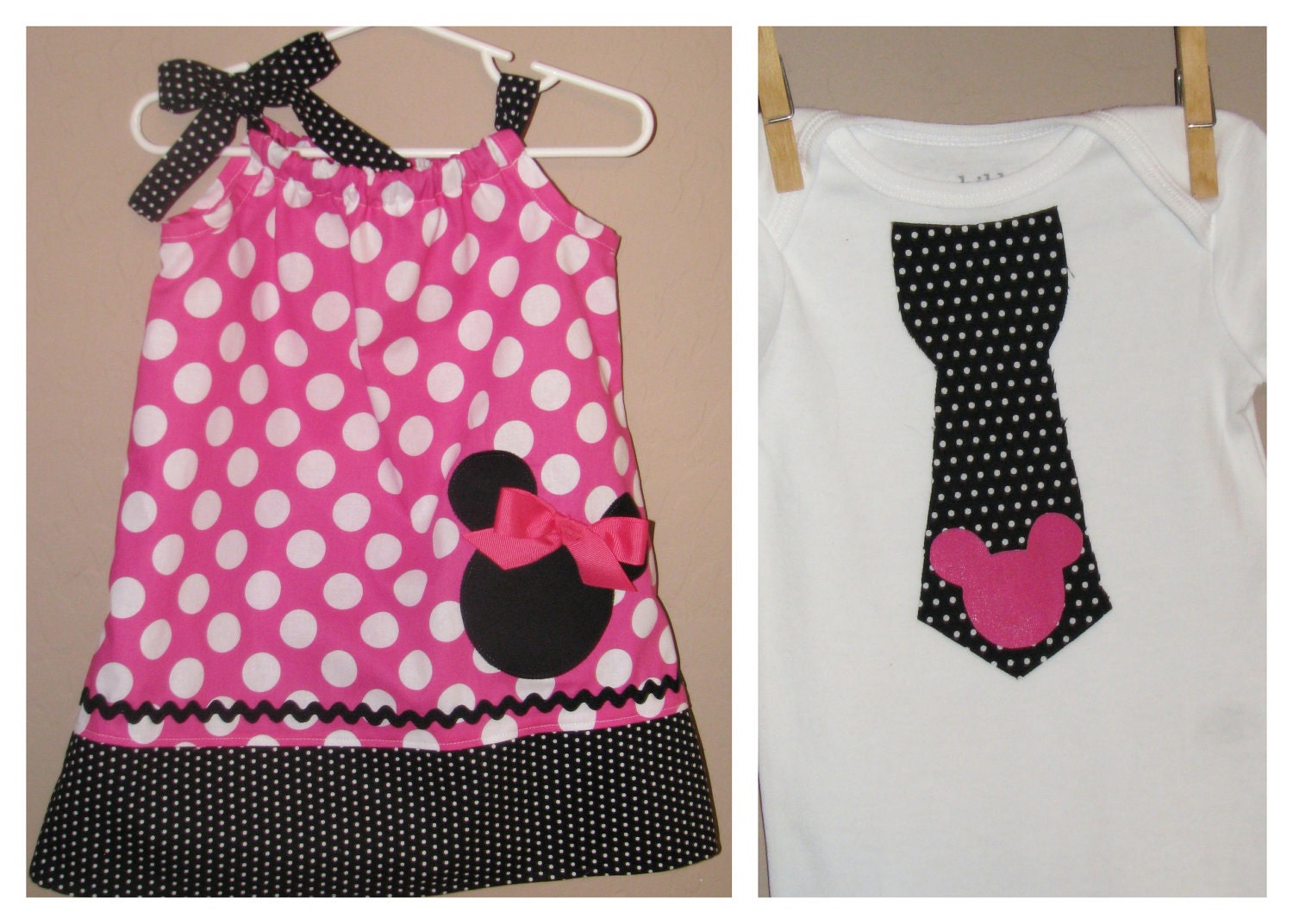 Disney Brother Sister Set - Baby Toddler Girl Boy -Dress and Tie Shirt - Pink Black Polka Dots -Perfect for Disney Trips - Mickey Minnie