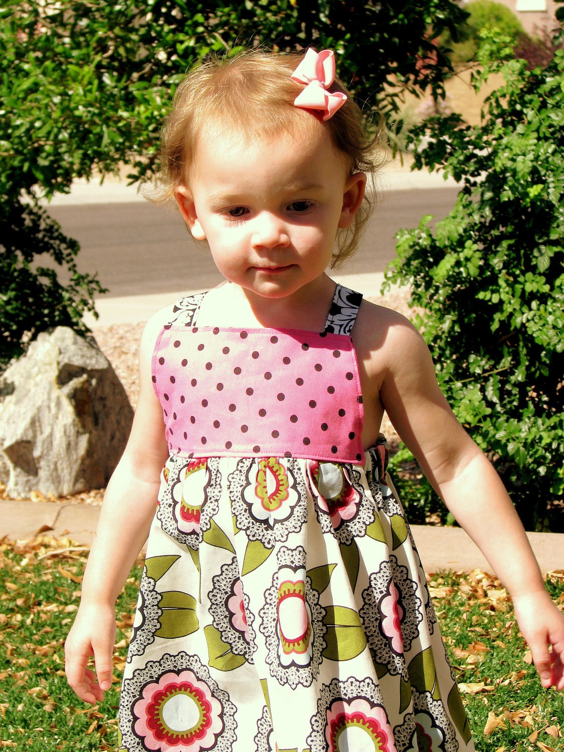 Girls Reverse Knot Dress - Baby Toddler Girl - Perfect for Spring Summer - Polka Dots and Retro Blooms - Black Pink White