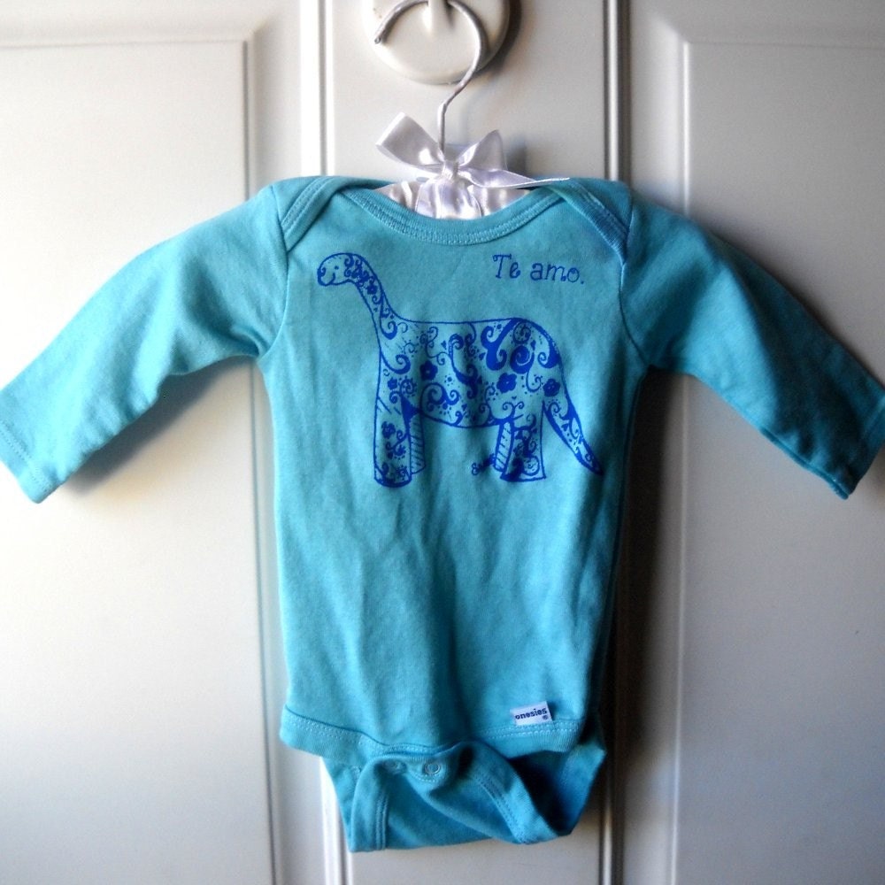 Little Dino dinosaur Long Sleeved cotton Onesie baby bodysuit in turquoise or custom colors