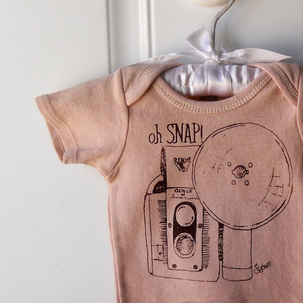 Vintage Camera Drawing OH SNAP cotton baby onesie in tan and brown or custom colors