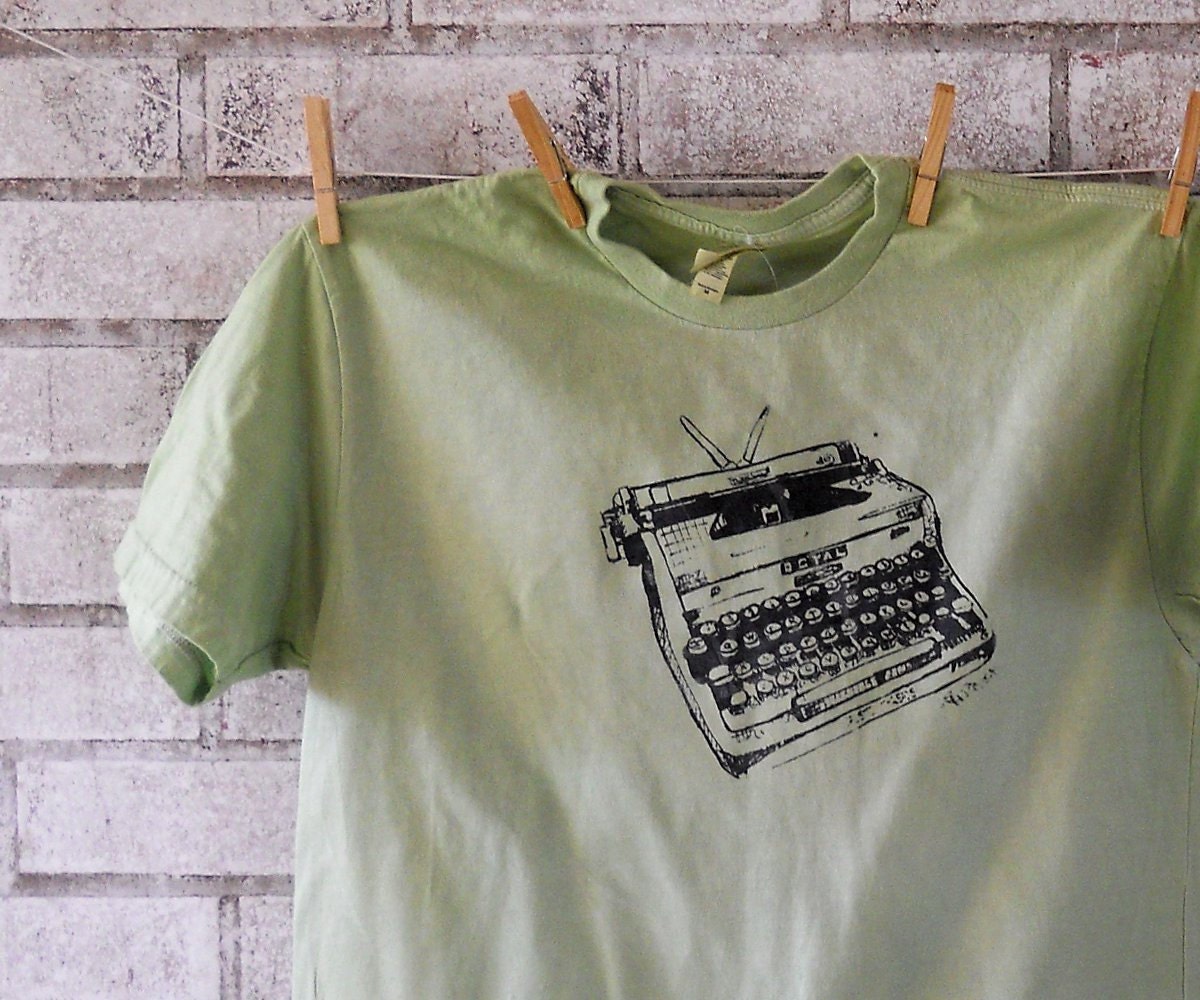 Mens Tee Shirt with Drawing of a Vintage Royal Typewriter  in apple green or custom colors