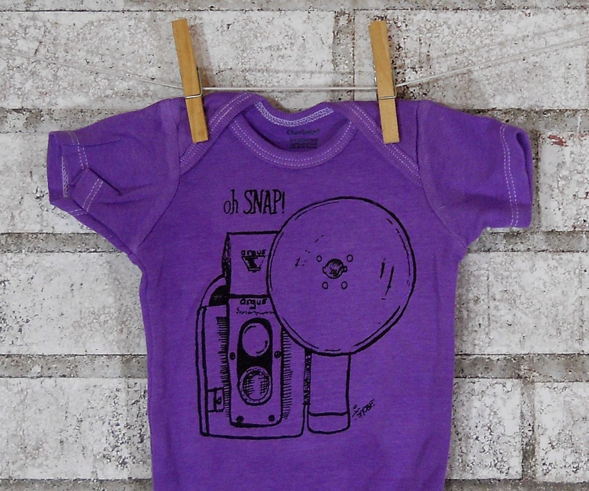 Camera Onesie "oh Snap", cotton baby bodysuit in bright purple or custom colors.