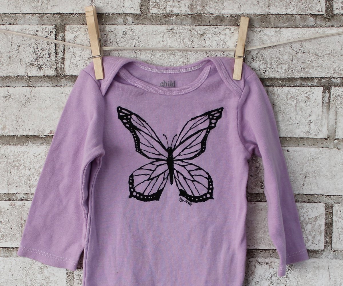 Butterfly Long Sleeved Onesie, Cotton Baby Bodysuit, Dyed Purple or custom colors