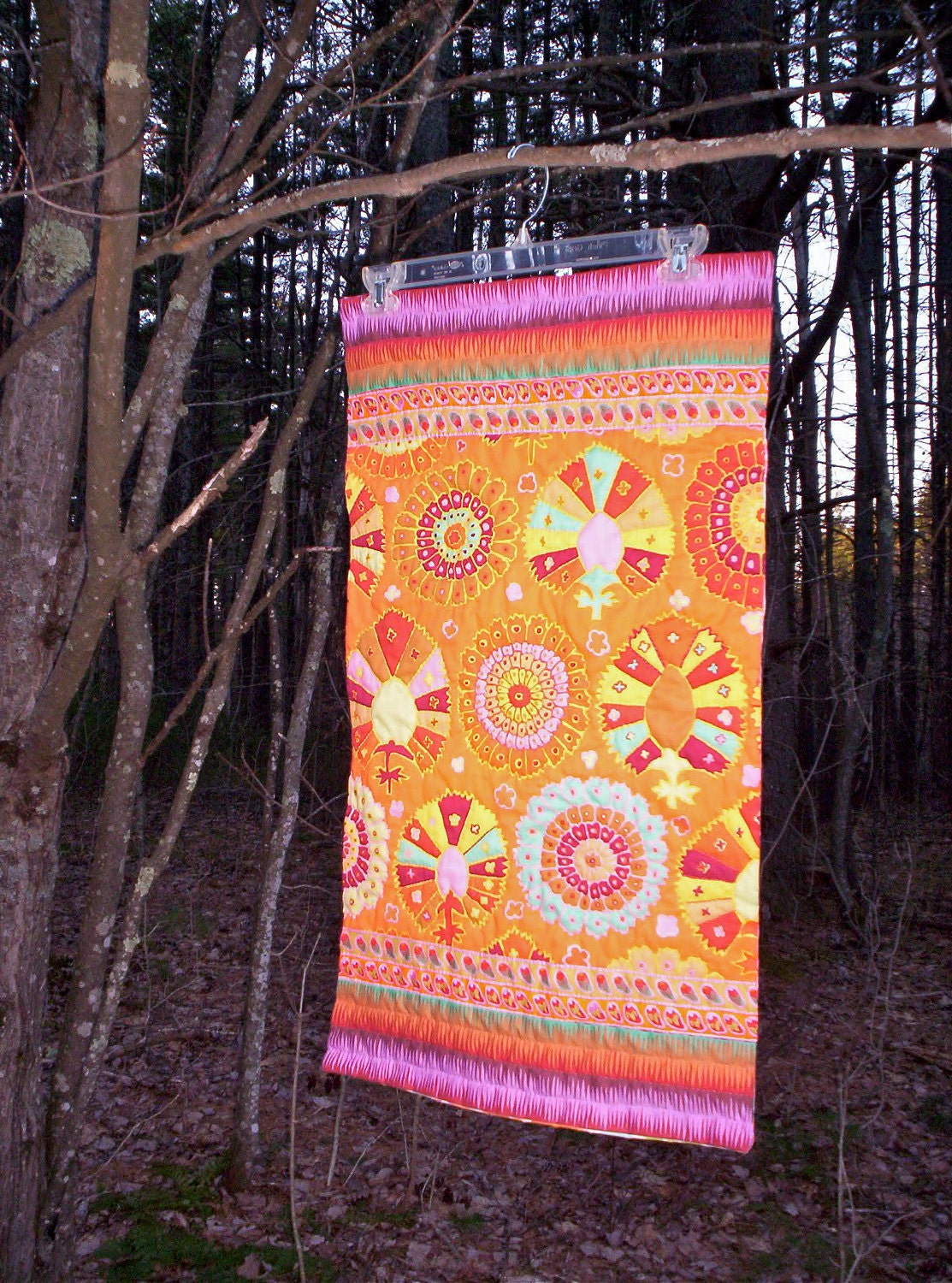 Orange Aqua Art Quilt Wall Hanging FLYING CARPET No. 18 Kaffe Fassett fabric, original design, hand quilted