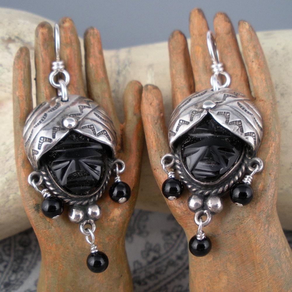 Mexico Mask Earrings Sterling and Onyx