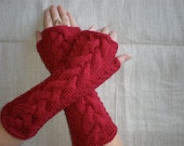 Hand-knitted women dark red wrist warmers with cables (long)