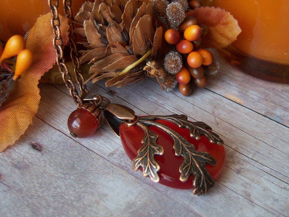 AUTUMN BEAUTY Necklace - Orange Fiber Optic pendant with antique copper leaf and Carnelian bead.