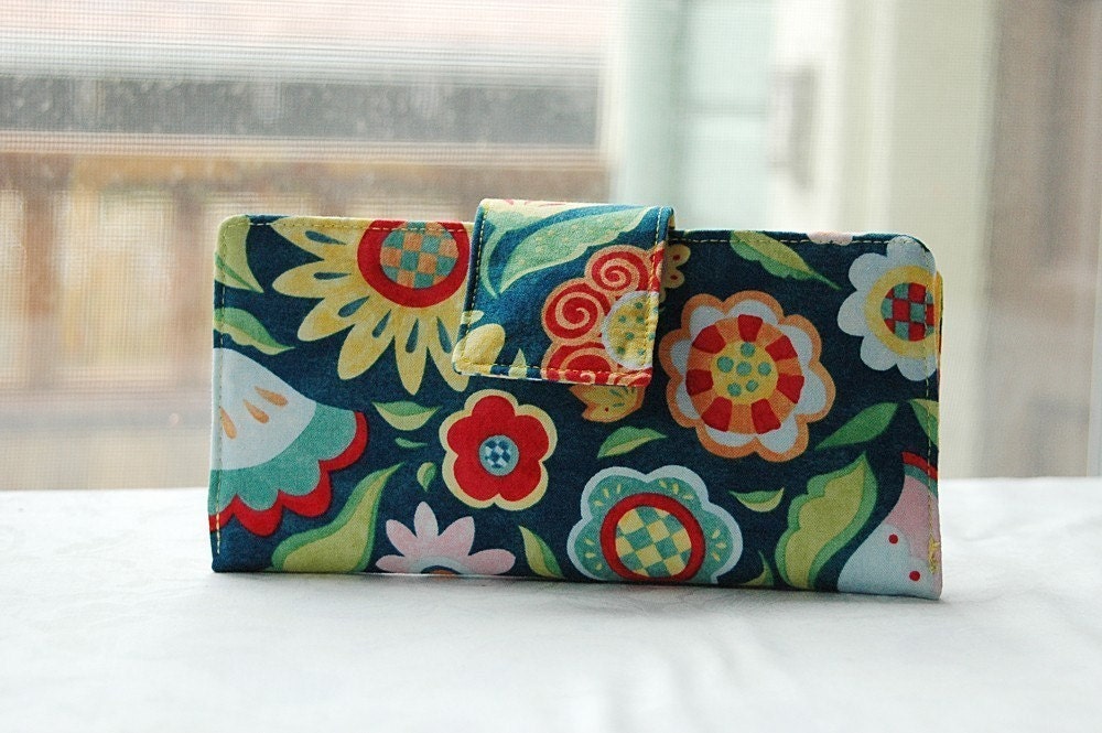 Handmade womens wallet  flowers on a blue background