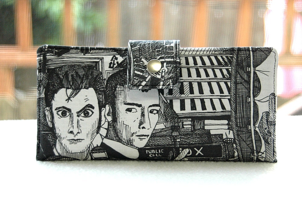 Handmade womens wallet   Handmade wallet in Dr Who handdrawn custom fabric