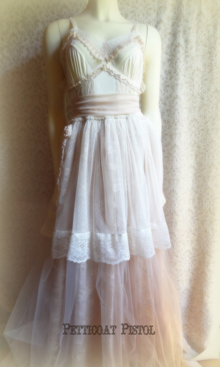 Ivory Cream Champagne Chantilly Lace Altered Slip  Vintage Inspired Wedding Dress "Sarah"
