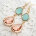 Pink Champagne and Mint Wedding Gold Earrings, Peach Mint Teardrop Earrings, Faceted Mint Peach Glass Drops bezel set earrings, Bridal, Gift