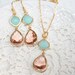 Pink Champagne and Mint Wedding Gold Earrings, Peach Mint Teardrop Earrings, Faceted Mint Peach Glass Drops bezel set earrings, Bridal, Gift