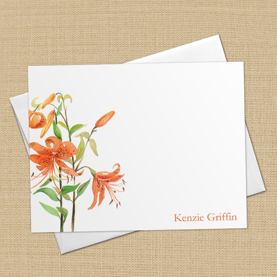 Tiger Lilies - Set of 8 CUSTOM Personalized Flat Note Cards/ Stationery