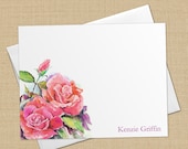 Pink Roses - Set of 8 CUSTOM Personalized Flat Note Cards/ Stationery