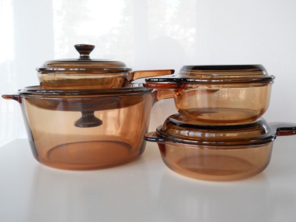 On Sale Vintage Visions Amber Glass Cookware Eight Piece Set