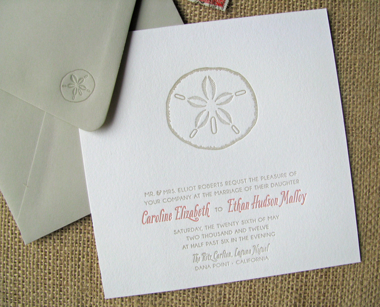 SALE 15% off (see details): sand dollar letterpress WEDDING INVITATION sample