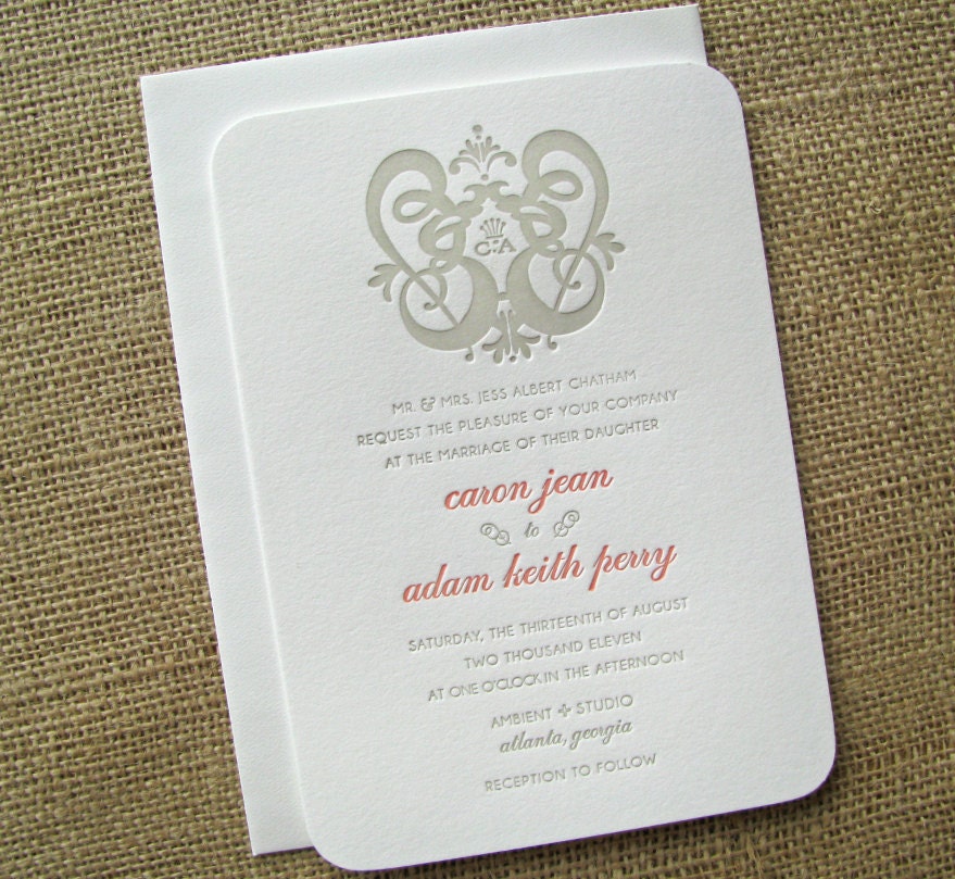 SALE 15% off (see details): crest letterpress WEDDING INVITATION sample