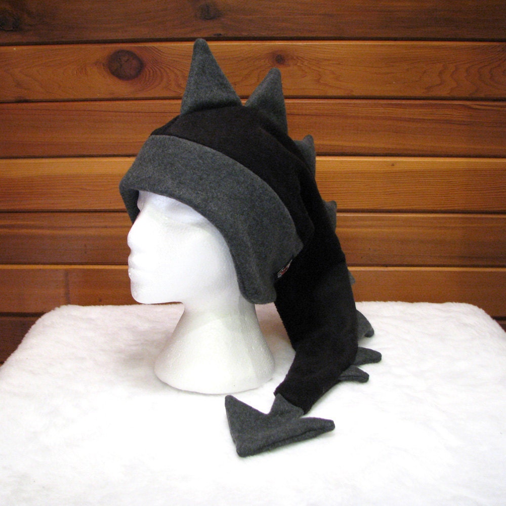 Fleece Dragon Hat - Black / Grey Animal Fleece Hat Mens Dinosaur Hat by Ningen Headwear