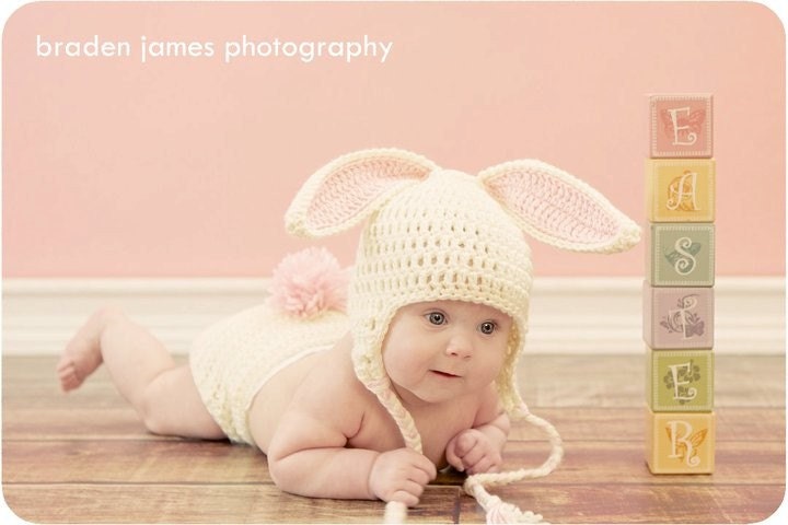 Ready to SHIP within 1 day   Crocheted Baby Easter Bunny Hat and Diaper Cover set    3 to 6 months