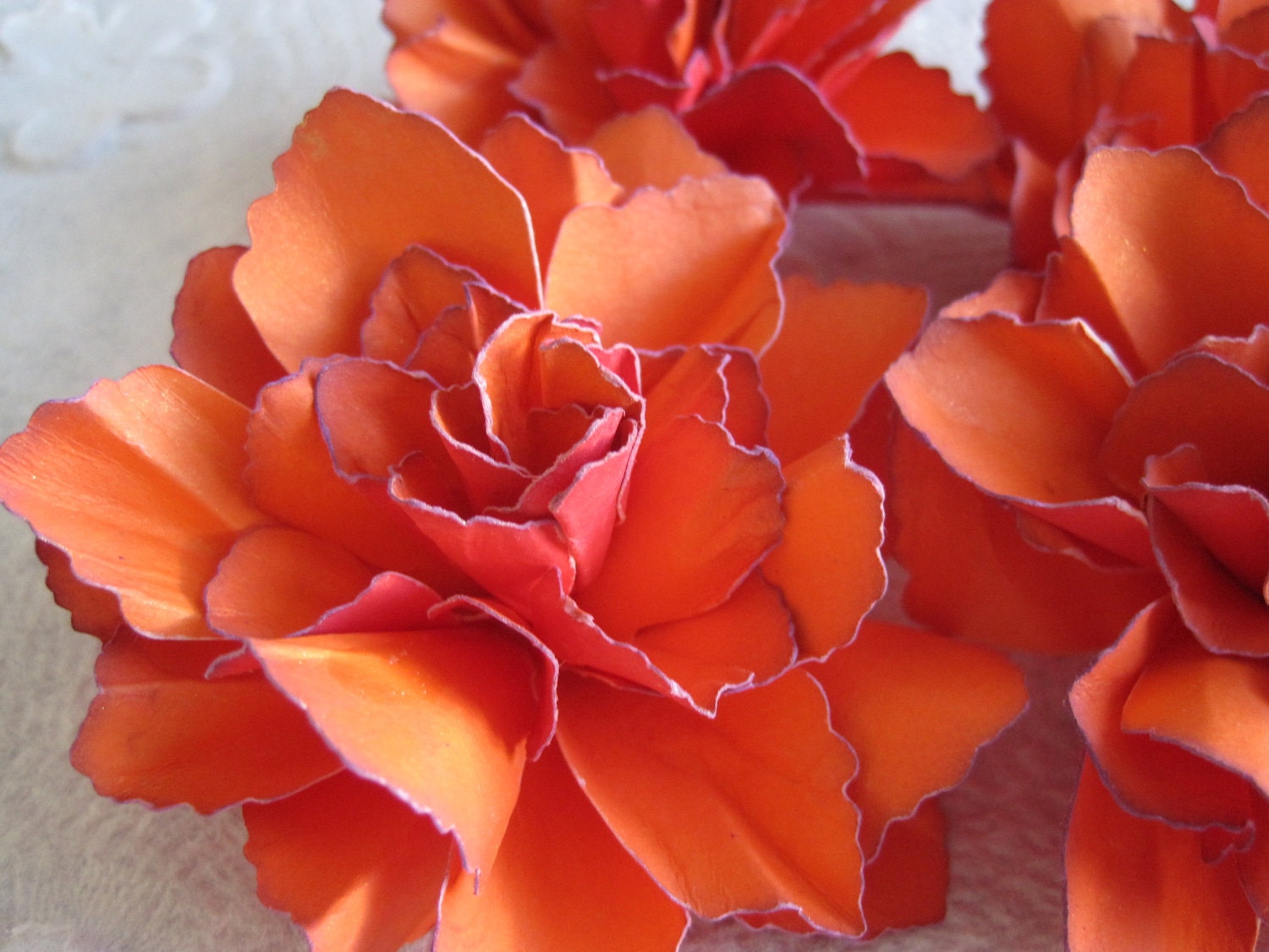 Two Tone Tangerine-Red Handmade Paper Flowers with purple accents - Set of 4