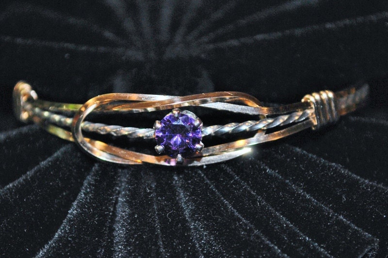 Gold Silver and Purple Amethyst Wire Wrapped Bracelet
