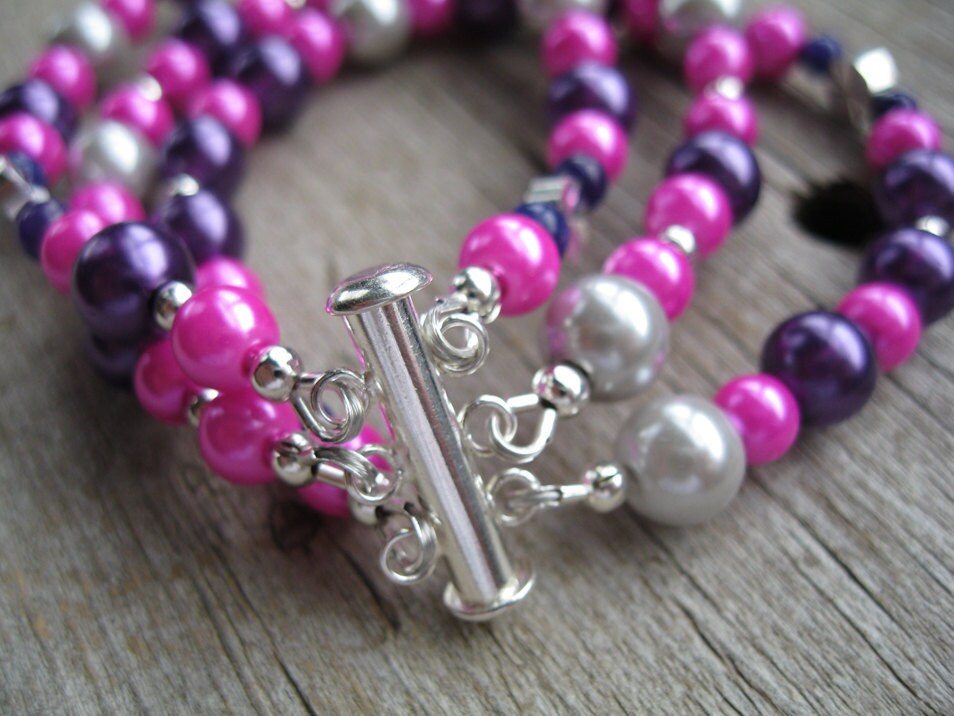 Cuff Bracelet, Hot Pink, Purple, and Silver
