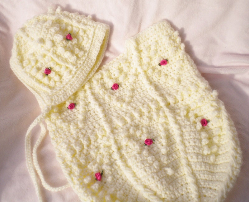 Crocheted IrishKnit Newborn Cocoon.Bonnet w Heart Design.SilkRoses Newborn
