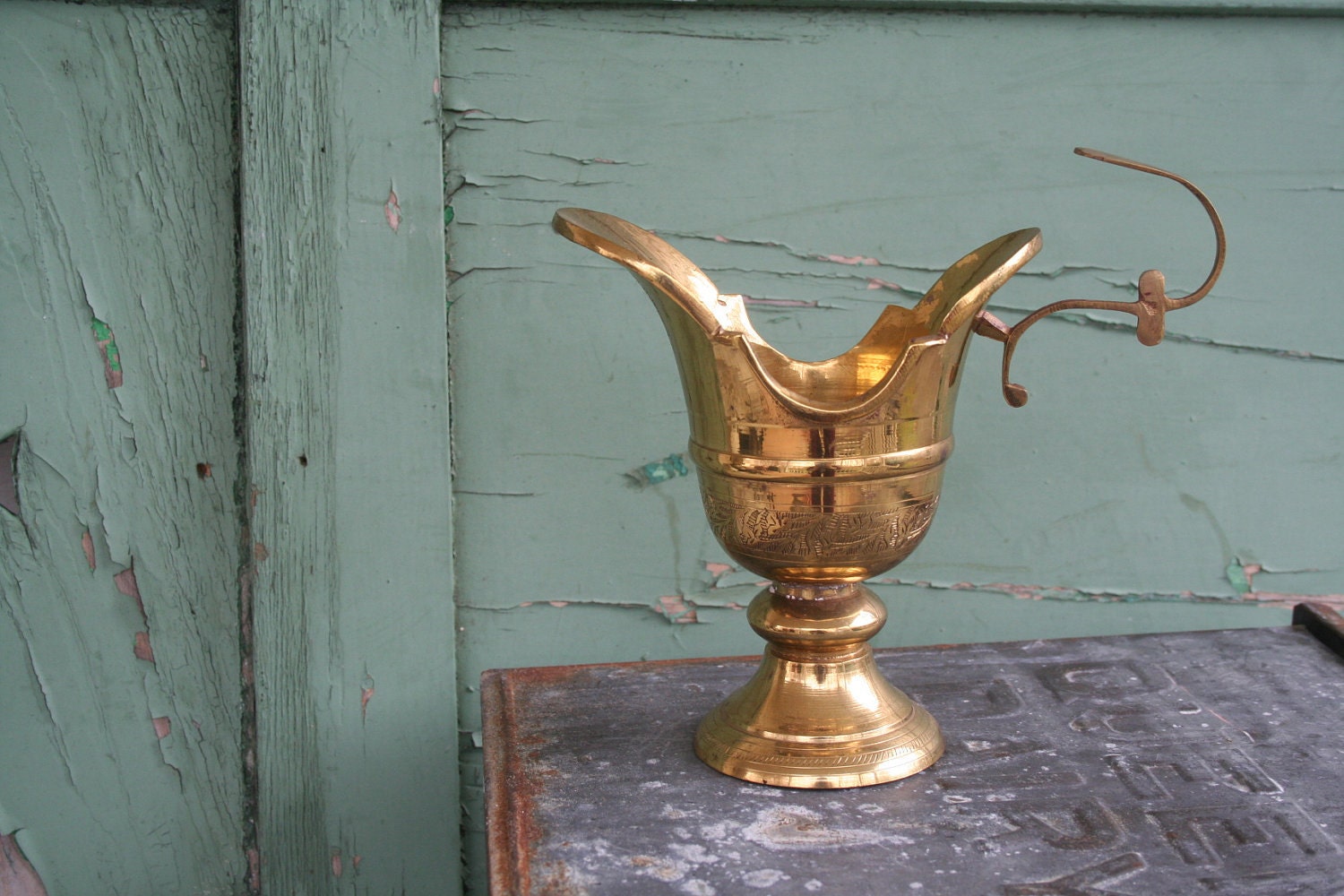 vintage brass SAUCE SERVER gravy boat INDIA engraved paisley / bohemian home