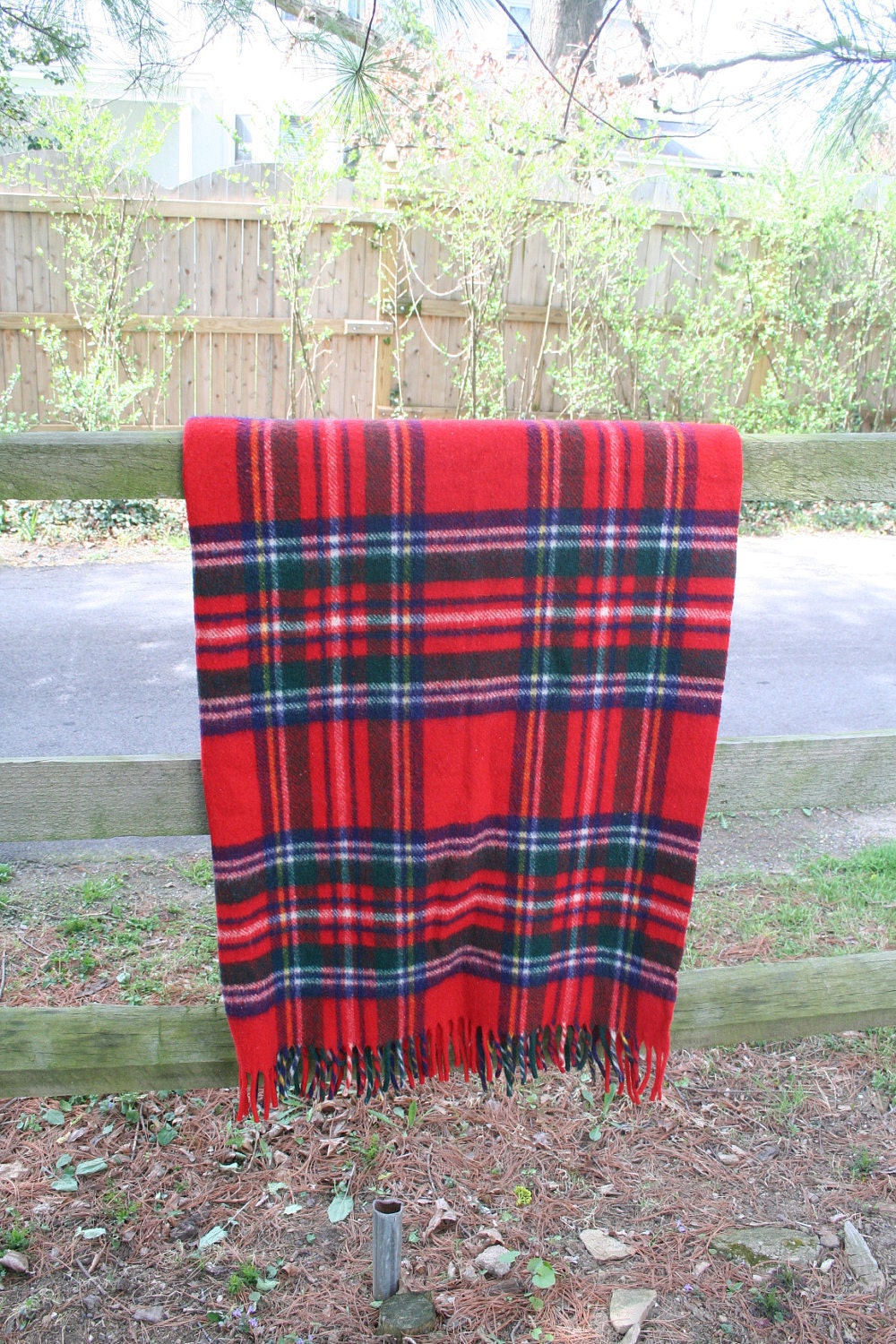 vintage red wool blanket PLAID TARTAN 1950's england- curvon jewel CHRISTMAS holiday decor