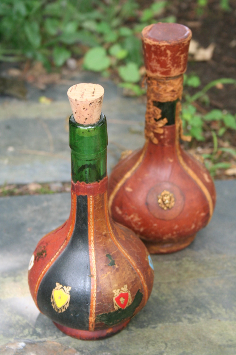 pair of antique LEATHER olive oil DECANTER bottle ITALY by octobre