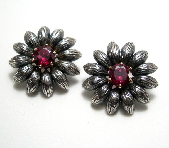 Garnet Flower Earrings Sterling Silver and 18k Gold Clip-on